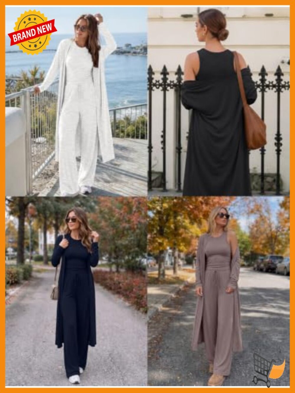 3 Piece Lounge Set Crop Tank Wide Leg Pants Duster Travel Outfit - Picture 5 of 5